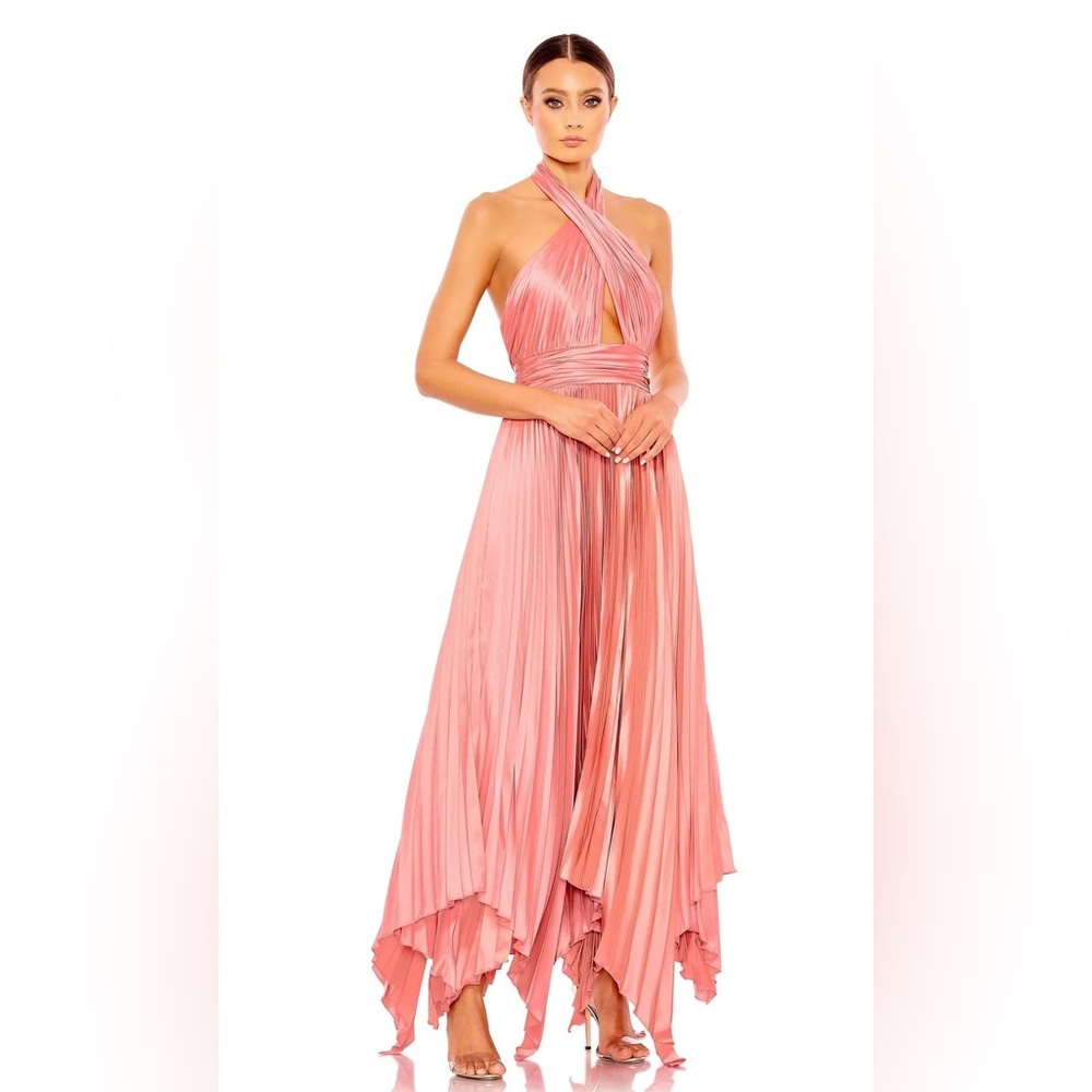 Mac Duggal Pink Asymmetrical Halter Pleated Maxi Dress